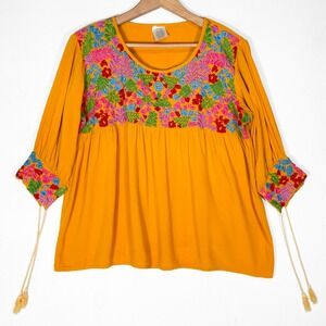 Mustard Yellow Floral Embroidered Peasant Blouse Womens L Tassel Sleeve Top